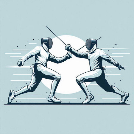 Fencing. Two young men in fencing sportswear. Vector illustrationのイラスト素材
