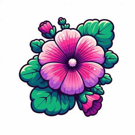 Illustration of a pink flower with green leaves on a white backgroundのイラスト素材