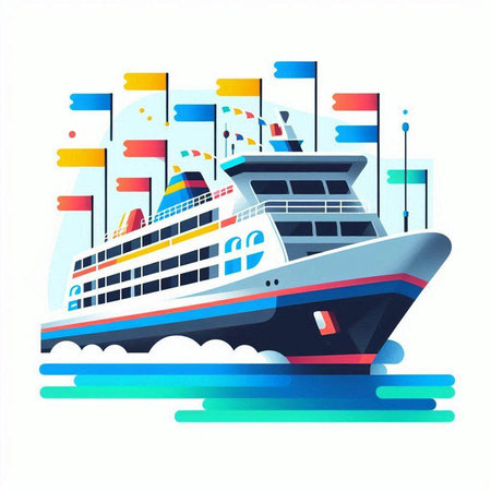 Cruise ship on the sea. Vector illustration in flat style.のイラスト素材