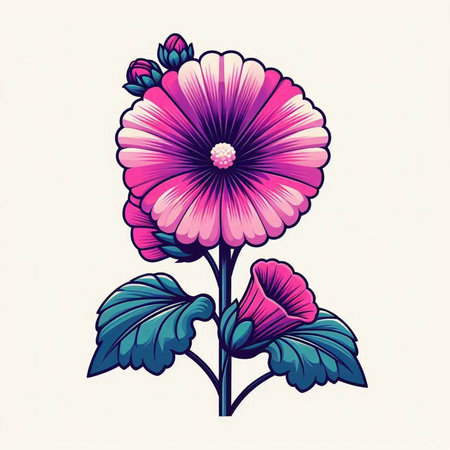 Beautiful pink flower with blue leaves on white background. Vector illustration.のイラスト素材