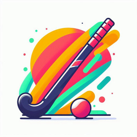 Vector illustration of a hockey stick and ball on colorful abstract background.のイラスト素材