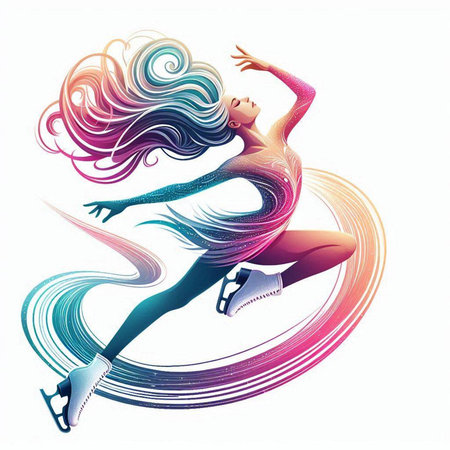 Beautiful young woman figure skater with long hair. Vector illustration.のイラスト素材