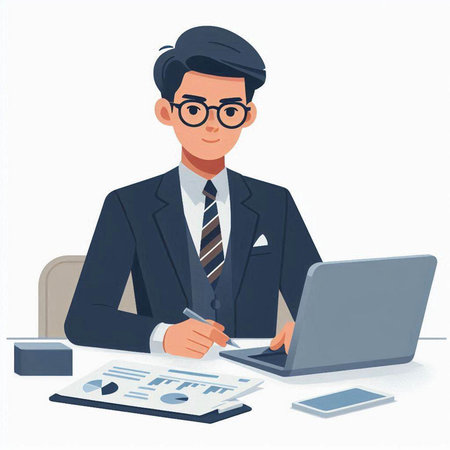 Businessman working at office desk. Vector illustration in cartoon style.のイラスト素材