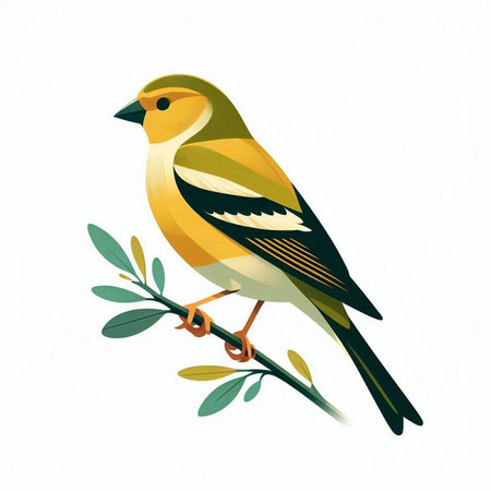 Vector illustration of a goldfinch on a branch with leaves.のイラスト素材