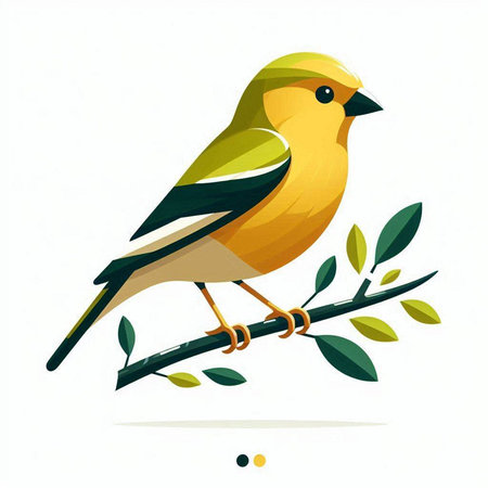 Vector illustration of a cute bird on a branch with green leaves.のイラスト素材