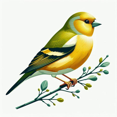 Vector illustration of a goldfinch on a branch with leaves.のイラスト素材