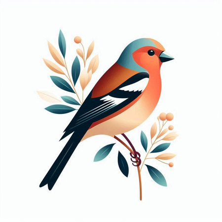 Beautiful bullfinch on a branch with leaves. Vector illustration.のイラスト素材