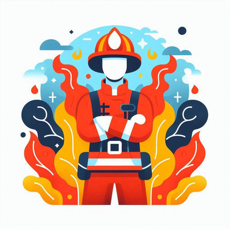 Firefighter in fire fighting uniform. Vector illustration in flat style.のイラスト素材