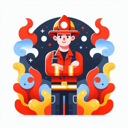 Firefighter in the fire. Flat vector illustration on white background.のイラスト素材