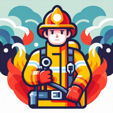 Firefighter in firefighting uniform and helmet. Flat style vector illustration.のイラスト素材
