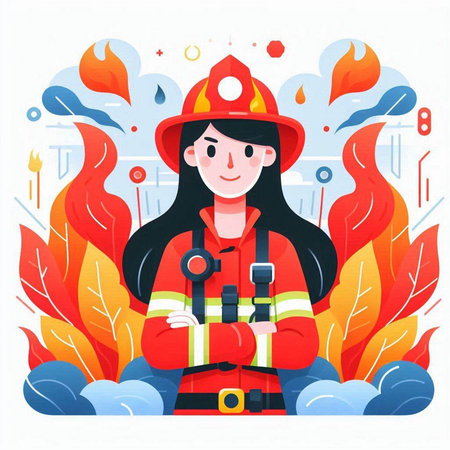 Firefighter woman. Vector illustration in flat cartoon style on white background.のイラスト素材