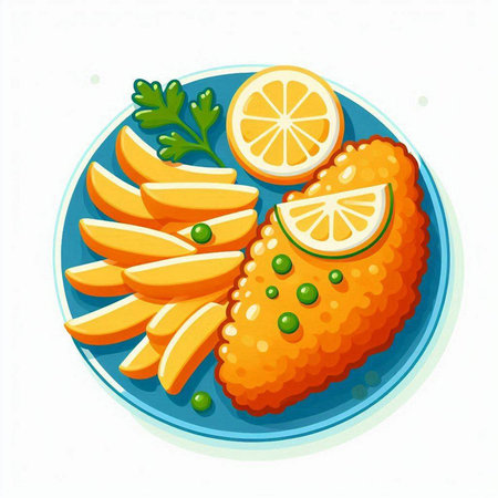 Fried fish fillet with lemon and parsley on blue plate. Vector illustrationのイラスト素材