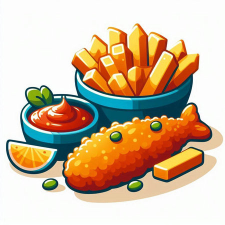 Fried fish with tomato sauce and french fries. Vector illustration.のイラスト素材
