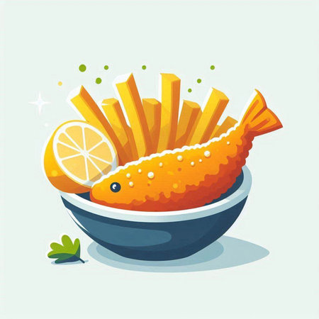 Fried fish in bowl with french fries and lemon. Vector illustrationのイラスト素材