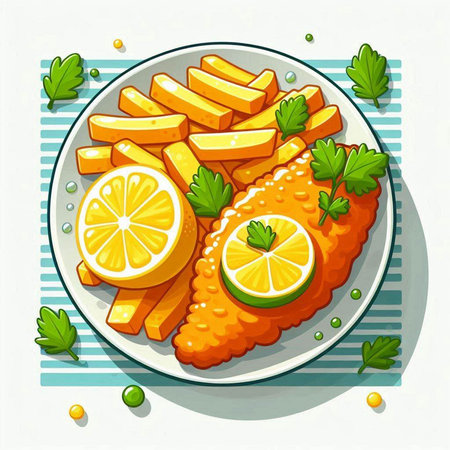 Fried fish with lemon and parsley on a plate. Vector illustration.のイラスト素材