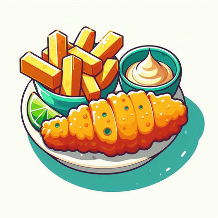 Illustration of deep fried fish and chips with mayonnaise and limeのイラスト素材