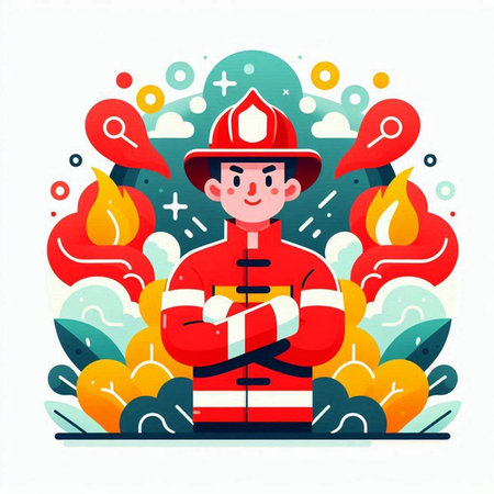 Firefighter in firefighting uniform. Vector illustration in flat style.のイラスト素材