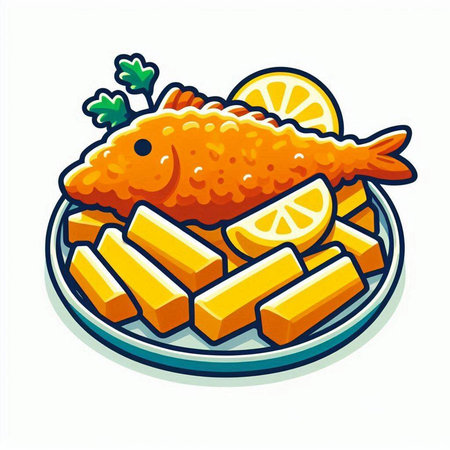 Fried fish with lemon and parsley on plate. Vector illustration.のイラスト素材