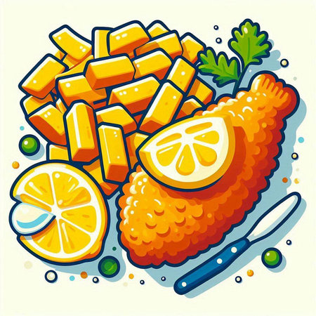 Illustration of a piece of fried chicken, lemon and parsleyのイラスト素材