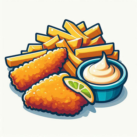 Illustration of fried fish and chips with mayonnaise and limeのイラスト素材