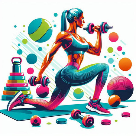 Fitness girl with dumbbells. Vector illustration in retro style.のイラスト素材