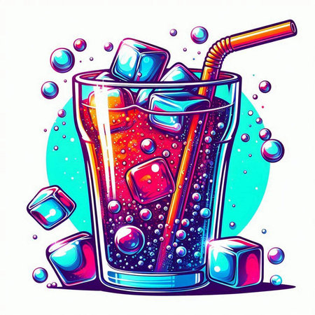 Cocktail with ice cubes and straw. Colorful vector illustration.のイラスト素材