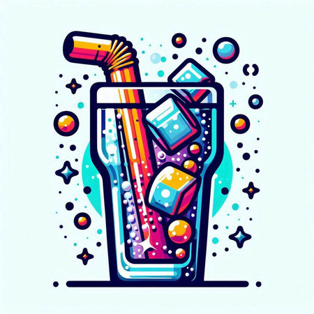 Cocktail with ice cubes and straw in doodle style. Vector illustration.のイラスト素材