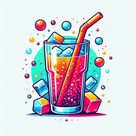 Cocktail with ice cubes and straw. Colorful vector illustration.のイラスト素材