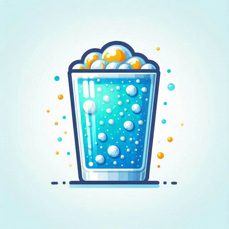 Blue water in glass with bubbles on blue background, vector illustration.のイラスト素材