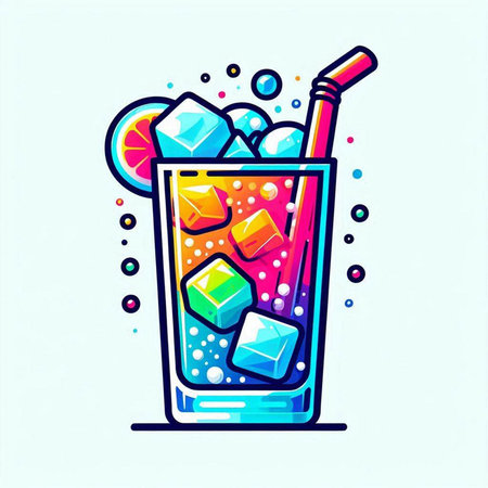 Cocktail icon. Vector illustration of a glass of cocktail with ice cubes and straw.のイラスト素材