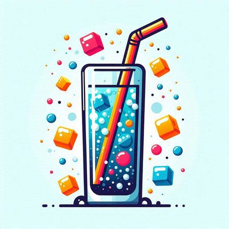 Cocktail drink with ice cubes and straw. Vector illustration.のイラスト素材