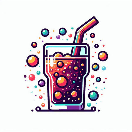 Vector illustration of a glass of cola with a straw and bubbles on a white background.のイラスト素材