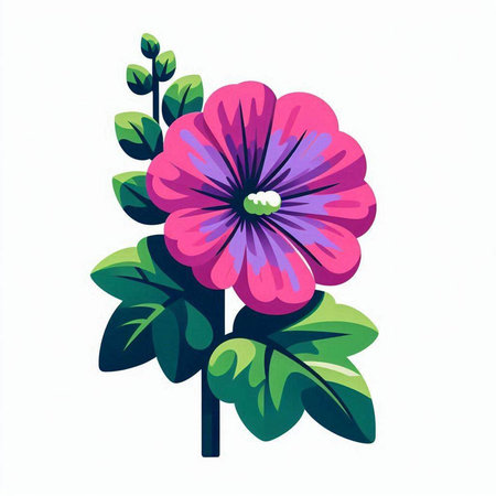 Pink flower with green leaves on a white background. Vector illustration.のイラスト素材
