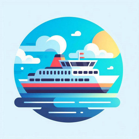 Cruise ship in the ocean. Vector illustration in flat style.のイラスト素材