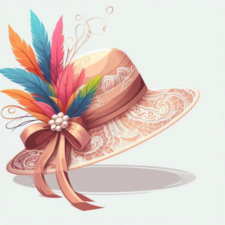 Illustration of a hat with feathers and bow. Vector illustration.のイラスト素材