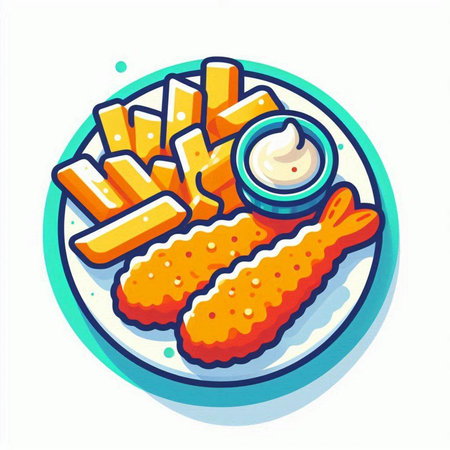 Fish and chips with mayonnaise. Fast food. Vector illustrationのイラスト素材