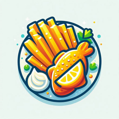 Fried fish and chips on plate. Colorful vector illustration.のイラスト素材