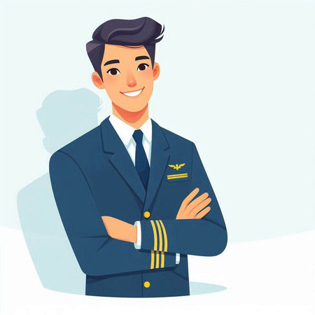 Smiling young pilot in uniform. Vector illustration in cartoon style.