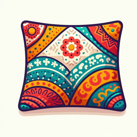 Colorful decorative pillow in ethnic style. Hand drawn vector illustration.のイラスト素材