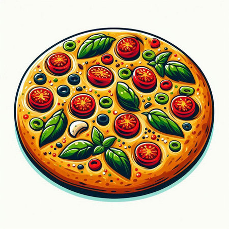 Pizza with tomatoes, olives and basil. Vector illustration.のイラスト素材