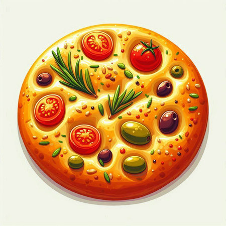 Vector illustration of pizza with tomato, olives and rosemary.のイラスト素材