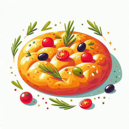 Illustration of a pizza with olives, tomatoes and rosemaryのイラスト素材