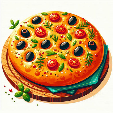 Illustration of a pizza with olives and tomatoes on a white backgroundのイラスト素材