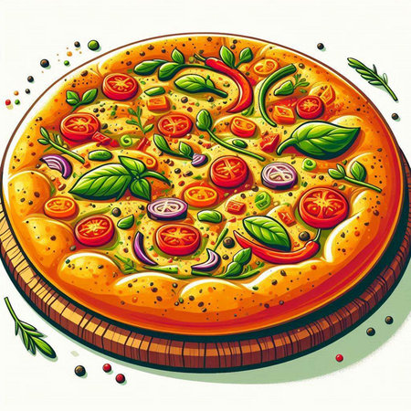 Pizza with tomato, basil, onion and pepper. Vector illustration.のイラスト素材