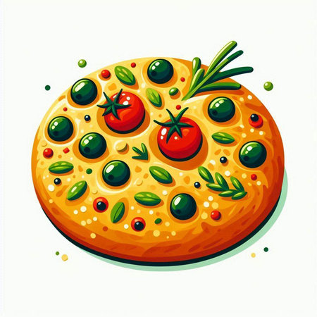 Pizza with tomato, olives and rosemary. Vector illustration.のイラスト素材