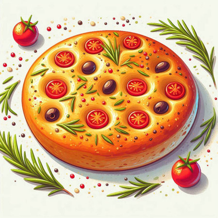 Illustration of a pizza with tomatoes, olives and rosemaryのイラスト素材