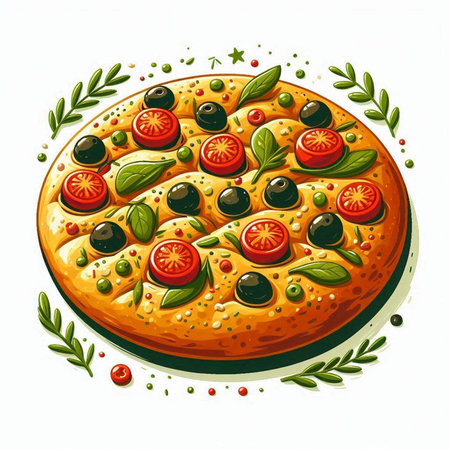 Illustration of a pizza with olives, tomatoes and basil.のイラスト素材