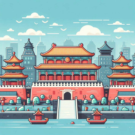 Chinese ancient buildings. Vector illustration in flat style. Cityscape with Chinese architecture.のイラスト素材