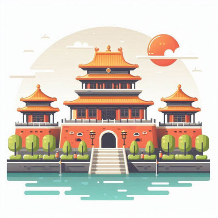 Ancient Chinese architecture on the water, vector illustration in flat style.のイラスト素材