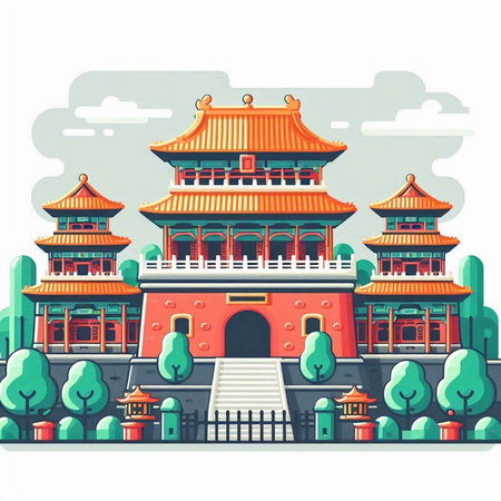 Chinese ancient building in the park. Vector illustration in flat style.のイラスト素材